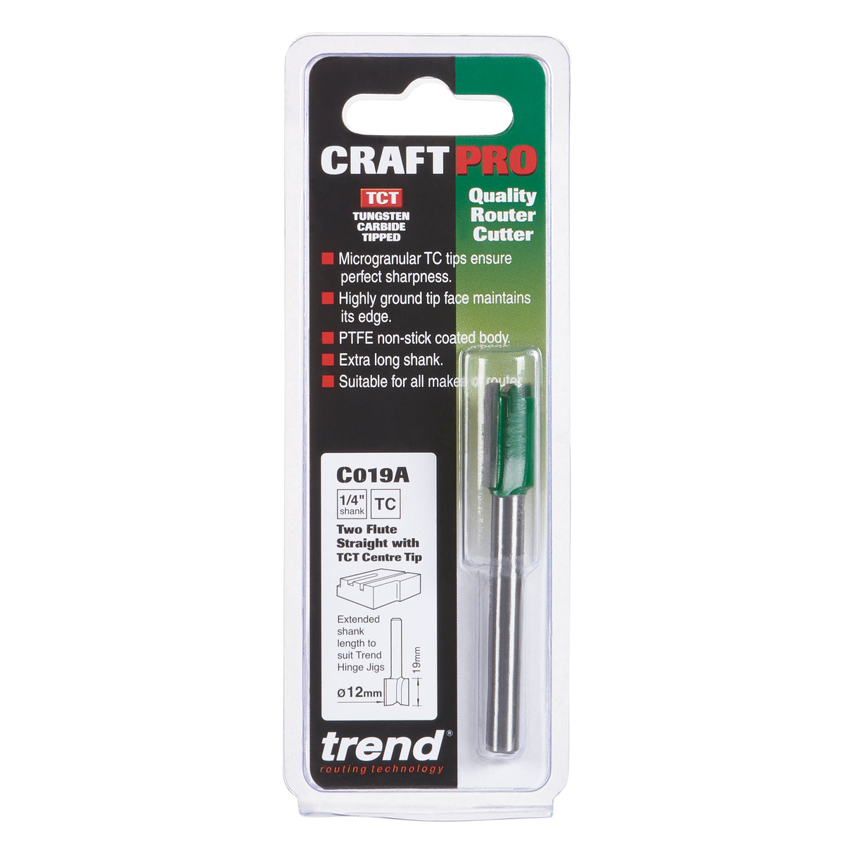 Trend Craft Pro Straight Router Bit 2-Flute 12mm Diameter 1/4in Shank