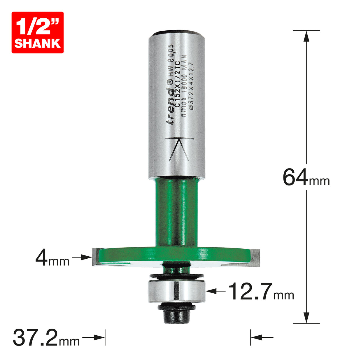 Trend Biscuit Jointer Bit with Bearing Set 4mm x 37.2mm 1/2in Shank