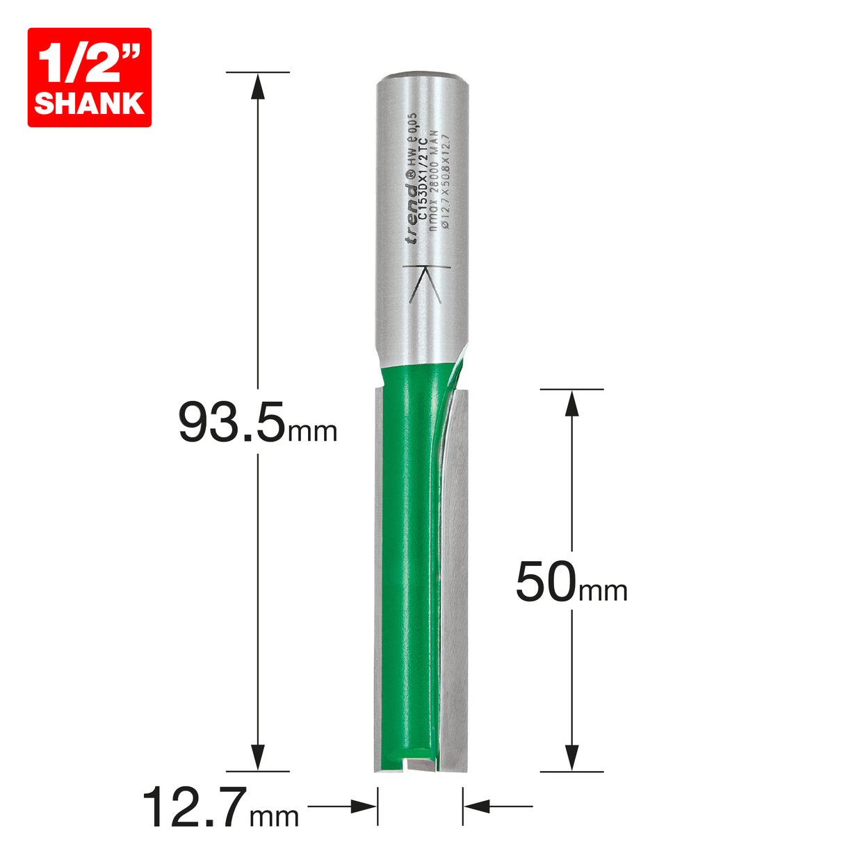 Trend Craft Pro Straight Router Bit 2-Flute 12.7mm Diameter 1/2in Shank