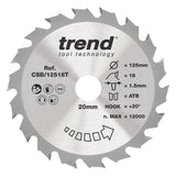 Trend 125mm x 20mm x 18T Thin Kerf Ripping Cordless Circular Saw Blade