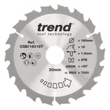 Trend 160mm x 20mm x 18T Thin Kerf Ripping Cordless Circular Saw Blade