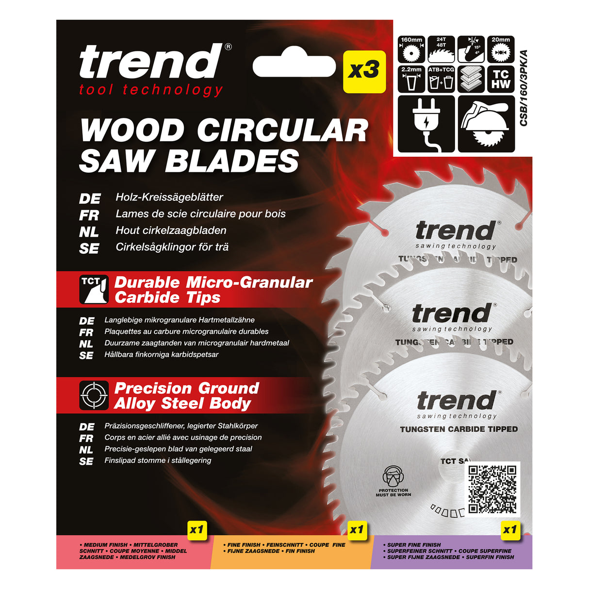 Trend 3-Piece 160mm x 20mm x 24/48T Wood Circular Saw Blade Set