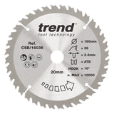 Trend 160mm x 20mm x 36T General Purpose Circular Saw Blade 5 Degree Hook