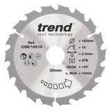 Trend 165mm x 30mm x 18T General Purpose Circular Saw Blade