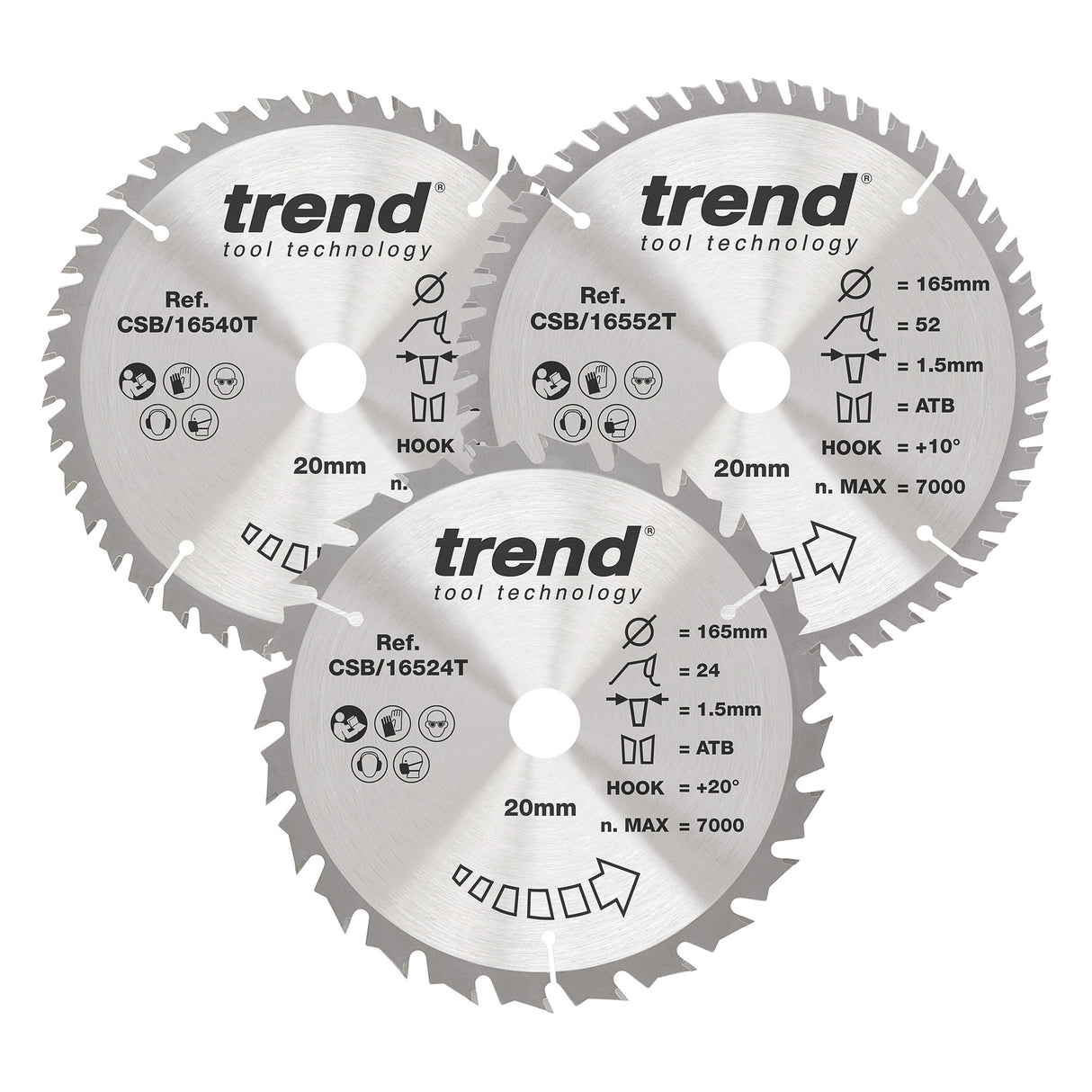 Trend 3-Piece 165mm x 20mm x 24/40/52T Wood Cordless Circular Saw Blade Set