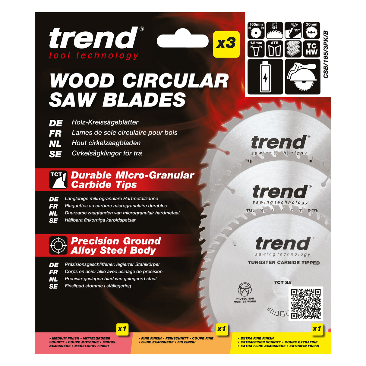 Trend 3-Piece 165mm x 20mm x 24/40/52T Wood Cordless Circular Saw Blade Set