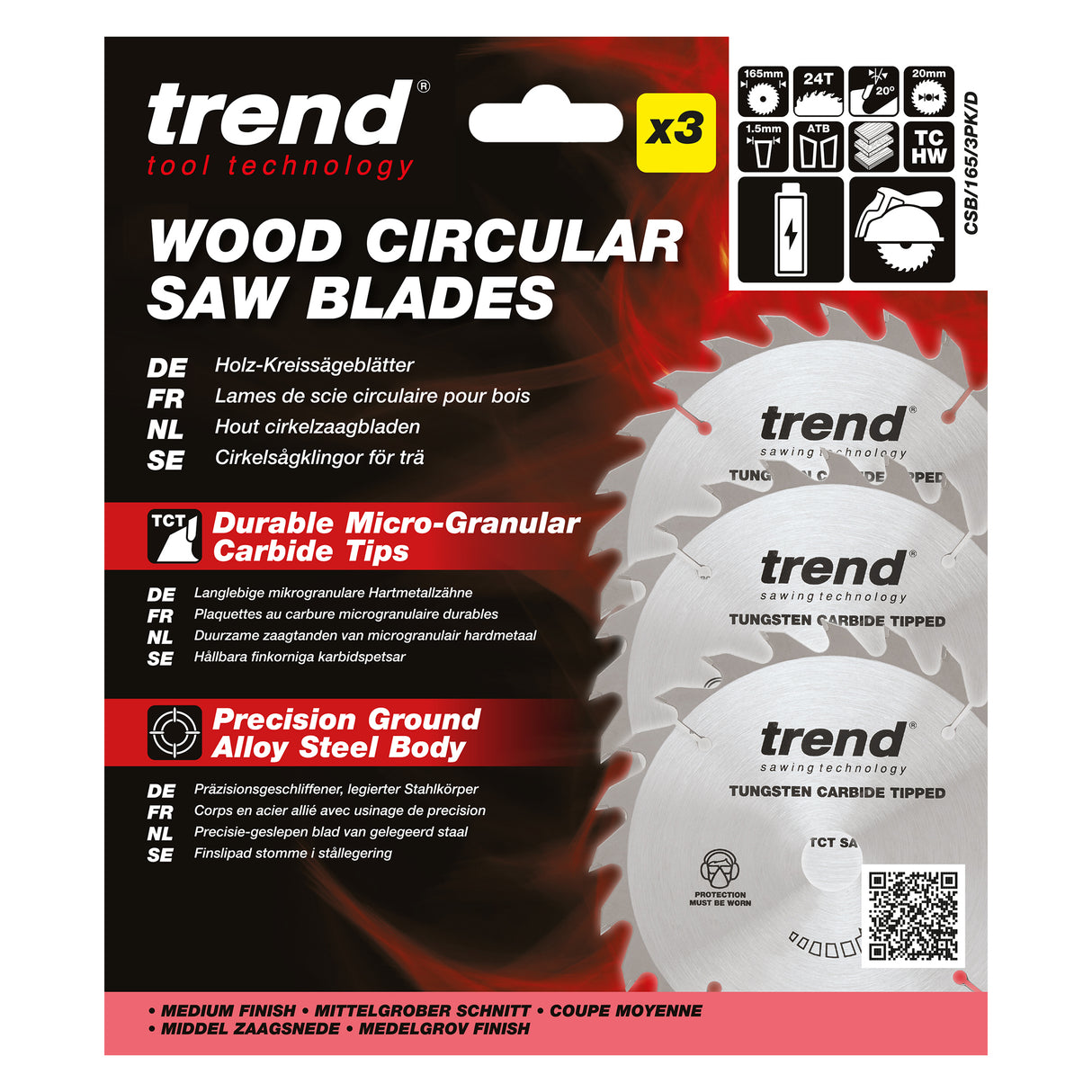 Trend 3-Piece 165mm x 20mm x 24T Wood Cordless Circular Saw Blade Set