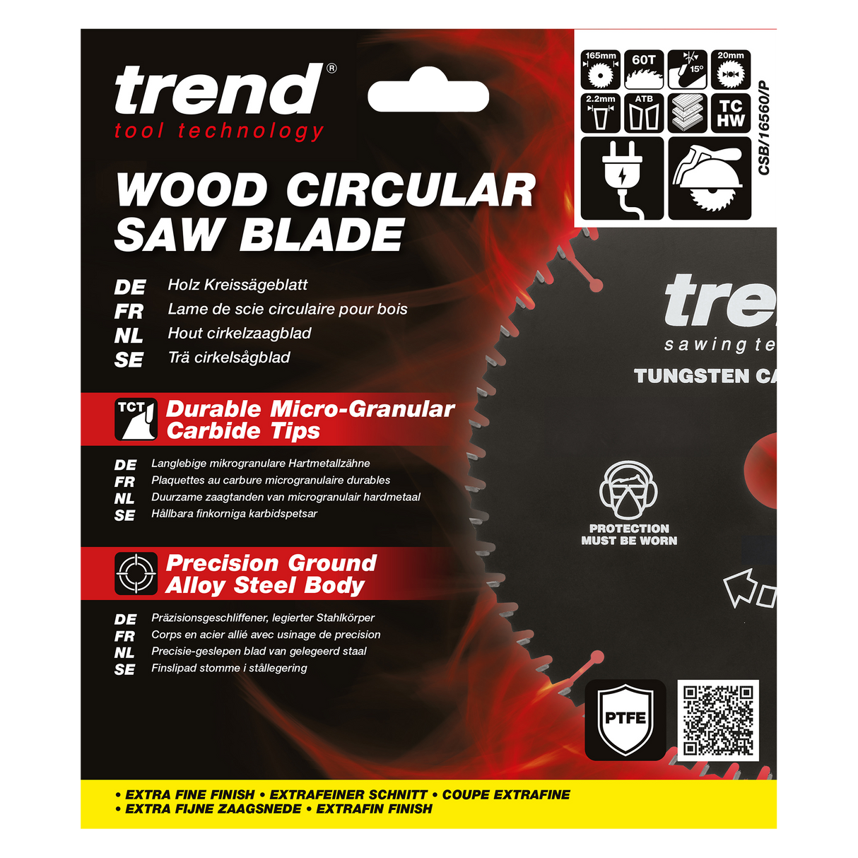 Trend 165mm x 20mm x 60T Fine Cut Off Circular Saw Blade with PTFE Coating