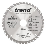 Trend 180mm x 30mm x 40T Wood Circular Saw Blade