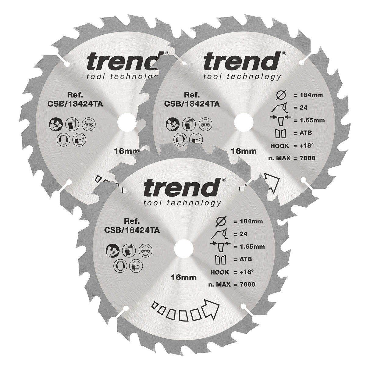 Trend 3-Piece 184mm x 16mm x 24T Wood Cordless Circular Saw Blade Set