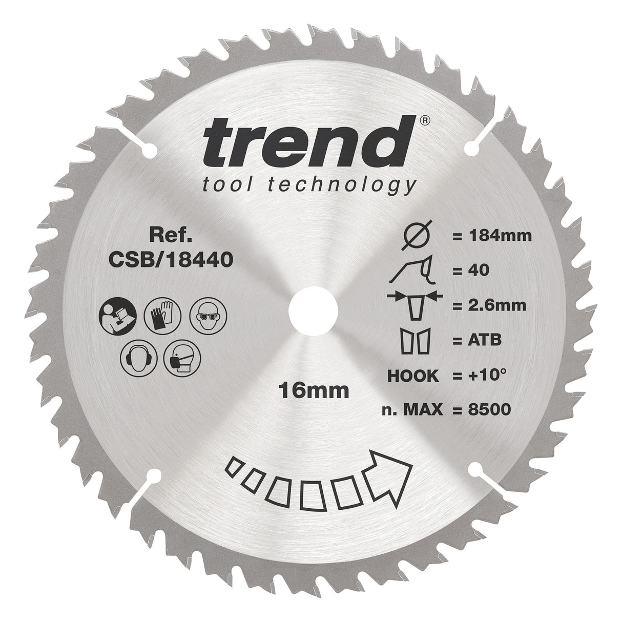 Circular saw blade with Trend tool technology branding on a white background