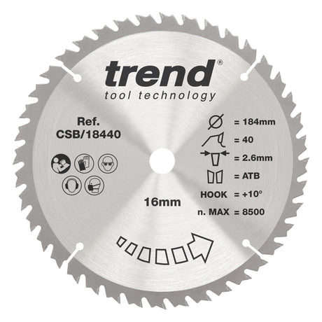 Circular saw blade with Trend tool technology branding on a white background