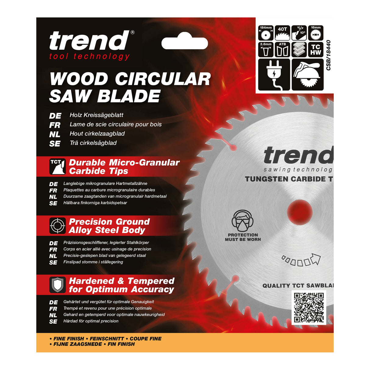 Trend wood circular saw blade packaging with product details on a white background