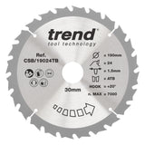 Trend 190mm x 30mm x 24T Thin Kerf Ripping Cordless Circular Saw Blade