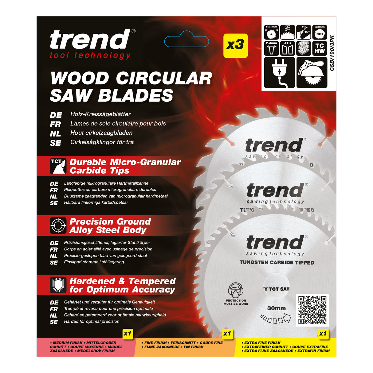 Trend 3-Piece 190mm x 30mm x 24/40/60T Wood Circular Saw Blade Set