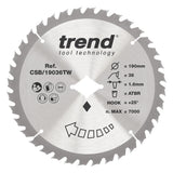Trend 190mm x Diamond Bore x 36T Thin Kerf General Purpose Cordless ATBR Circular Saw Blade
