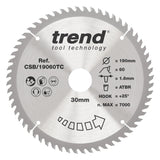 Trend 190mm x 30mm x 60T Thin Kerf Fine Cut Off Cordless ATBR Circular Saw Blade