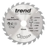 Trend 210mm x 30mm x 24T Thin Kerf Wood Cordless ATBR Circular Saw Blade