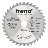Trend 210mm x 30mm x 36T Thin Kerf Wood Cordless ATBR Circular Saw Blade