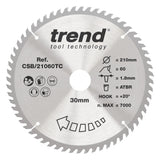 Trend 210mm x 30mm x 60T Thin Kerf Wood Cordless ATBR Circular Saw Blade