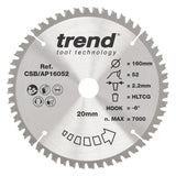 Trend 160mm x 20mm x 52T Aluminium/Plastic Circular Saw Blade