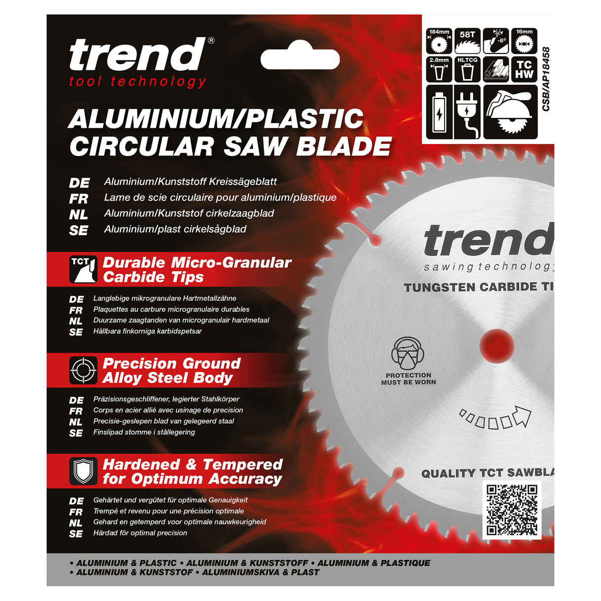Trend 184mm x 16mm x 58T Aluminium/Plastic Circular Saw Blade