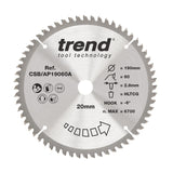 Trend 190mm x 20mm x 60T Aluminium/Plastic Circular Saw Blade
