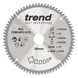Trend 210mm x 30mm x 72T Aluminium/Plastic Circular Saw Blade
