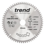 Trend 216mm x 30mm x 64T Aluminium/Plastic Circular Saw Blade
