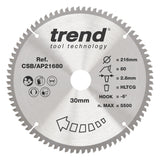 Trend 216mm x 30mm x 80T Aluminium/Plastic Circular Saw Blade
