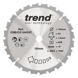 Trend 184mm x 16mm x 24T Wood Cordless Mitre Saw Blade