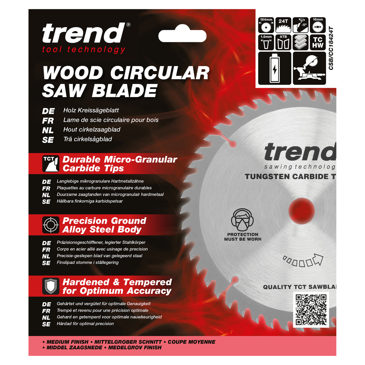 Trend 184mm x 16mm x 24T Wood Cordless Mitre Saw Blade
