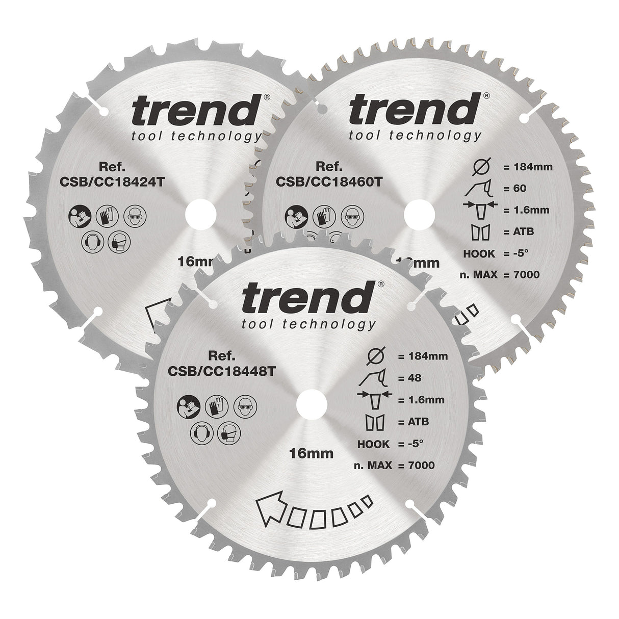 Trend 3-Piece 184mm x 16mm x 24/48/60T Wood Cordless Mitre Saw Blade Set