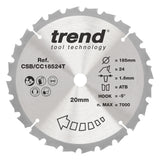 Trend 185mm x 20mm x 24T Wood Cordless Mitre Saw Blade