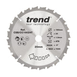Trend 190mm x 20mm x 24T Wood Cordless Mitre Saw Blade