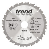 Trend 190mm x 30mm x 24T Wood Cordless Mitre Saw Blade