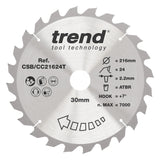 Trend 216mm x 30mm x 24T Ripping Cordless ATBR Mitre Saw Blade