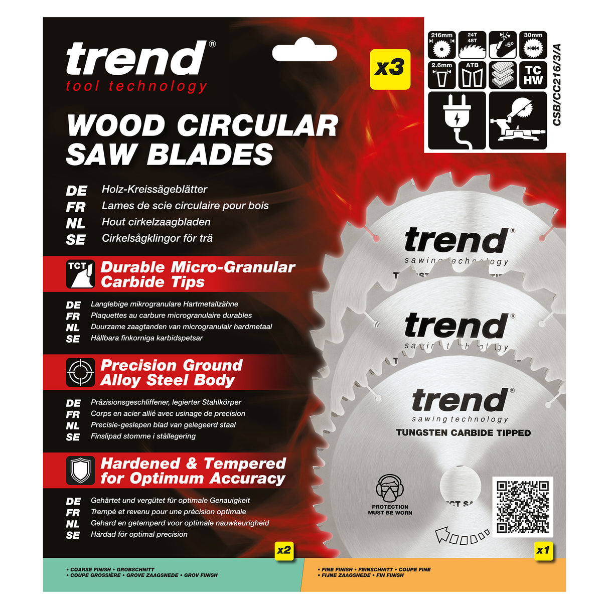 Trend 3-Piece  216mm x 30mm x 24/48T Wood Mitre Saw Blade Set
