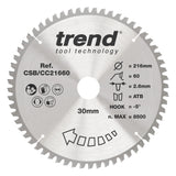 Trend 216mm x 30mm x 60T Fine Cut Off Mitre Saw Blade