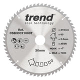 Trend 216mm x 30mm x 60T Fine Cut Off Cordless ATBR Mitre Saw Blade