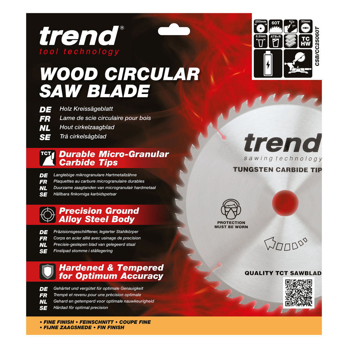 Trend 250mm x 30mm x 60T Wood Cordless ATBR Mitre Saw Blade
