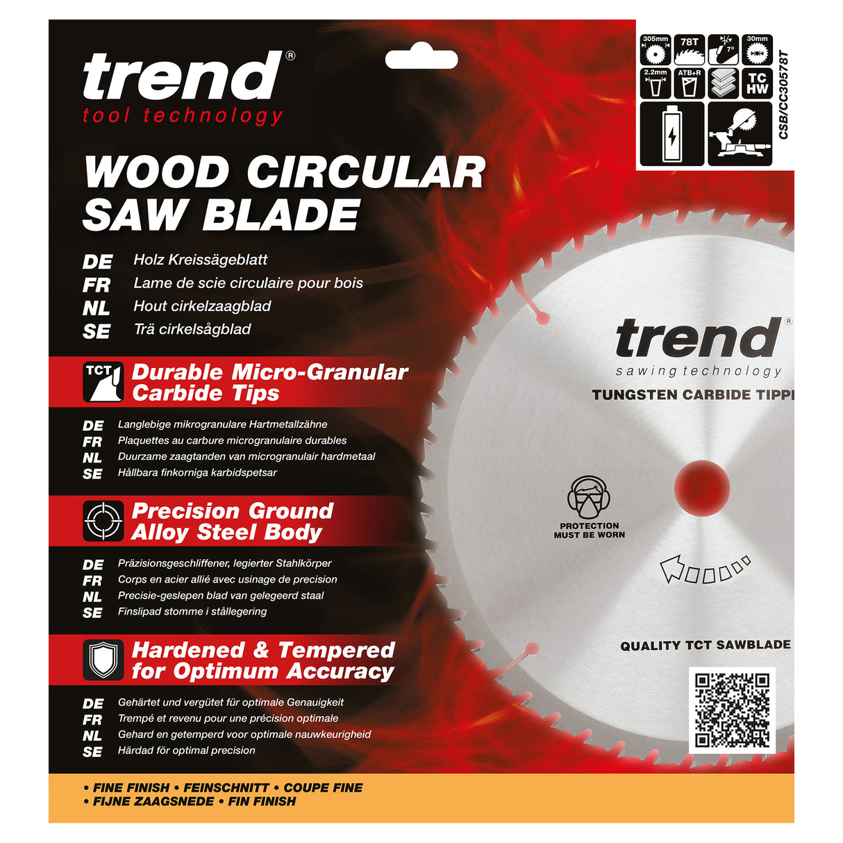 Trend 305mm x 30mm x 78T Fine Cut Off Cordless ATBR Mitre Saw Blade