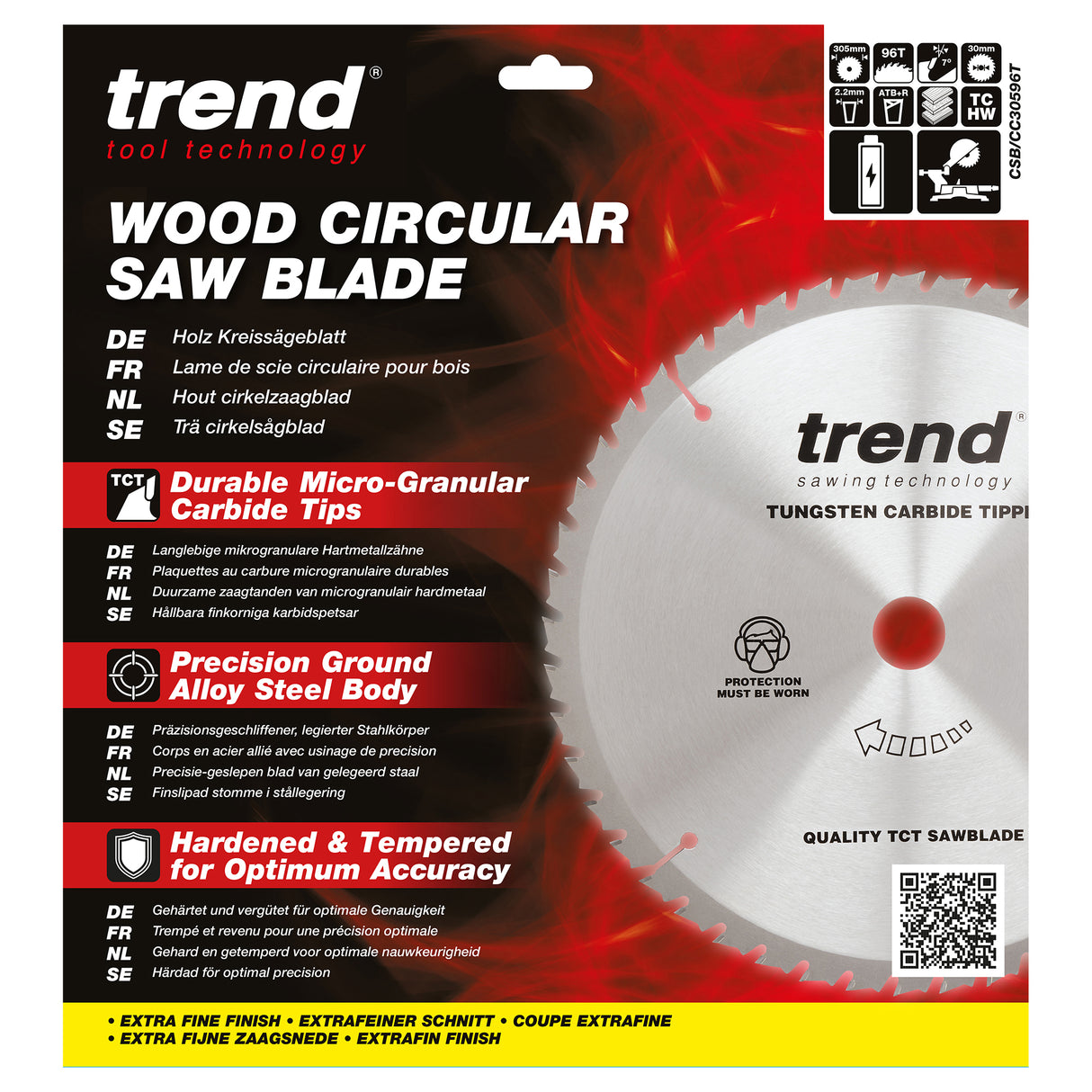 Trend 305mm x 30mm x 96T Wood Cordless ATBR Mitre Saw Blade