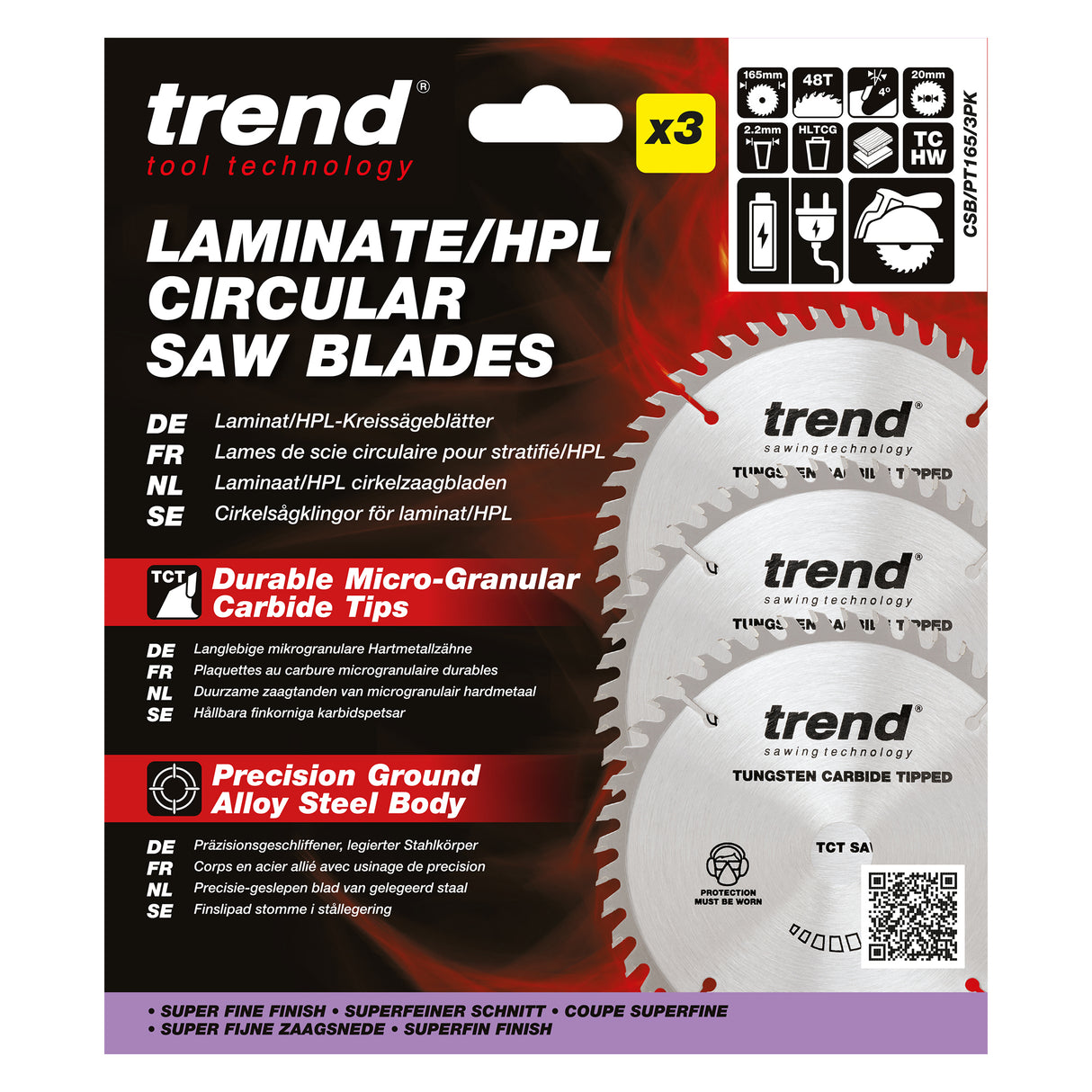 Trend 3-Piece 165mm x 20mm x 48T Laminate / HPL Circular Saw Blade Set