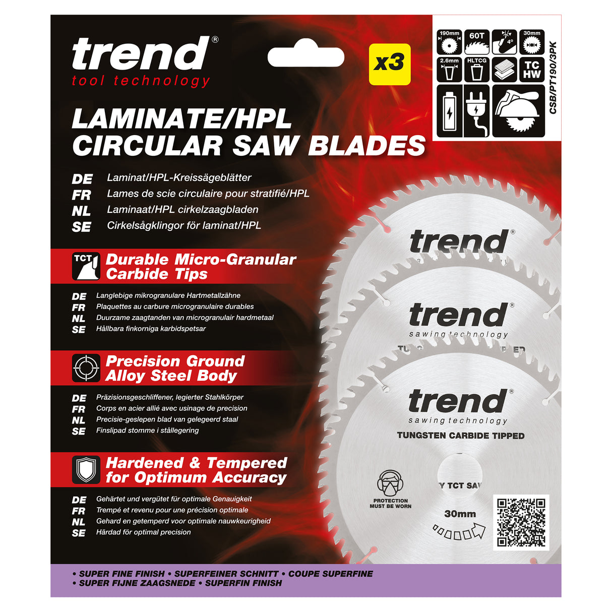 Trend 3-Piece 190mm x 30mm x 60T Laminate/HPL Circular Saw Blade Set