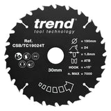 Trend 190mm x 30mm x 24T Thin Kerf Wood Cordless Circular Saw Blade with PTFE Coating