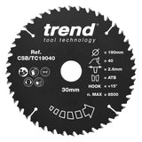 Trend 190mm x 30mm x 40T General Purpose Circular Saw Blade with PTFE Coating