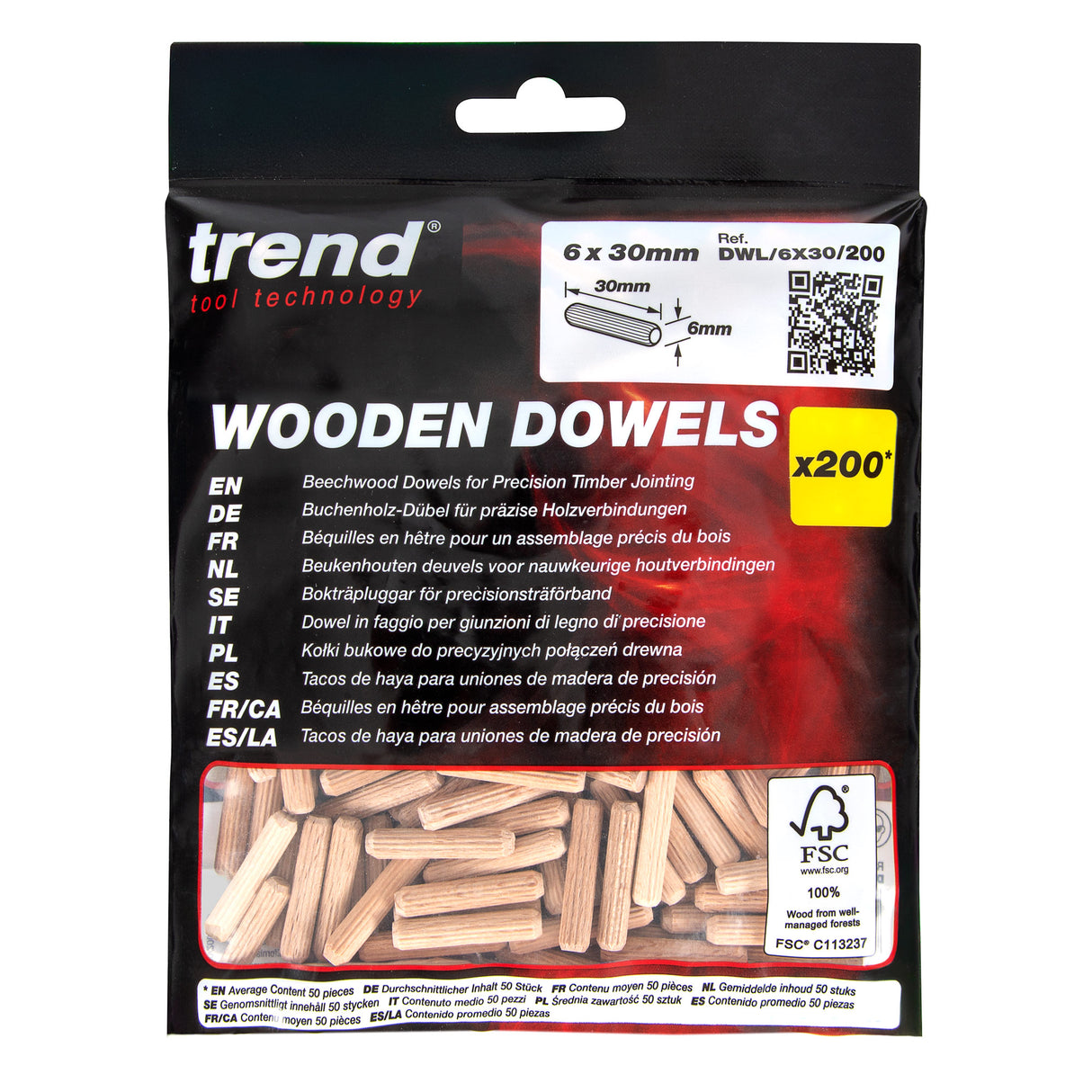 Trend 6 x 30mm Wooden Dowels Pack of 200