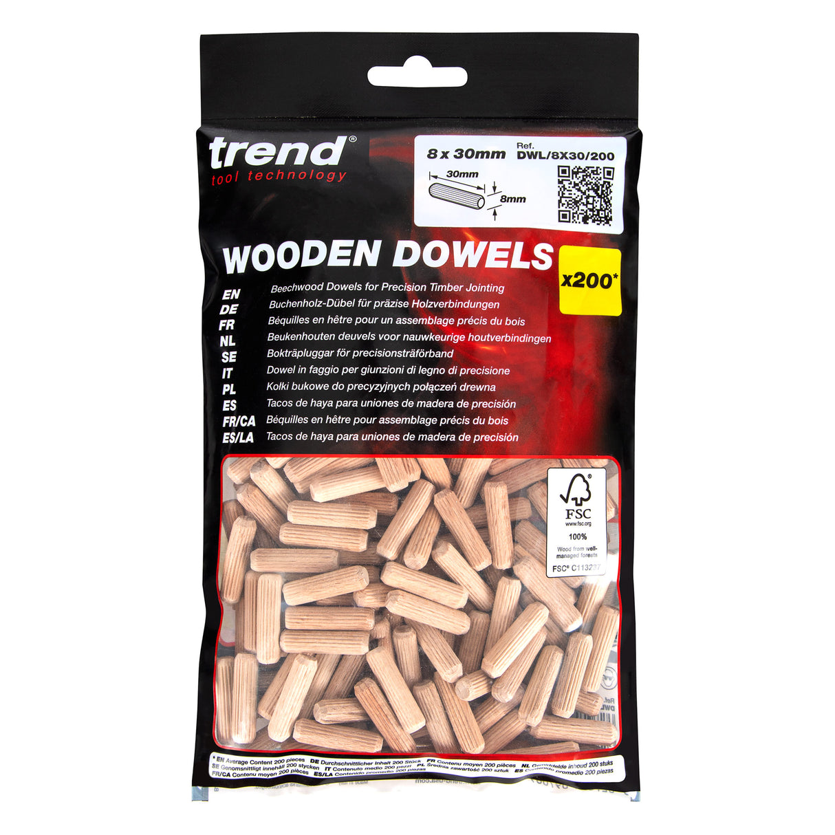 Trend 8 x 30mm Wooden Dowels Pack of 200
