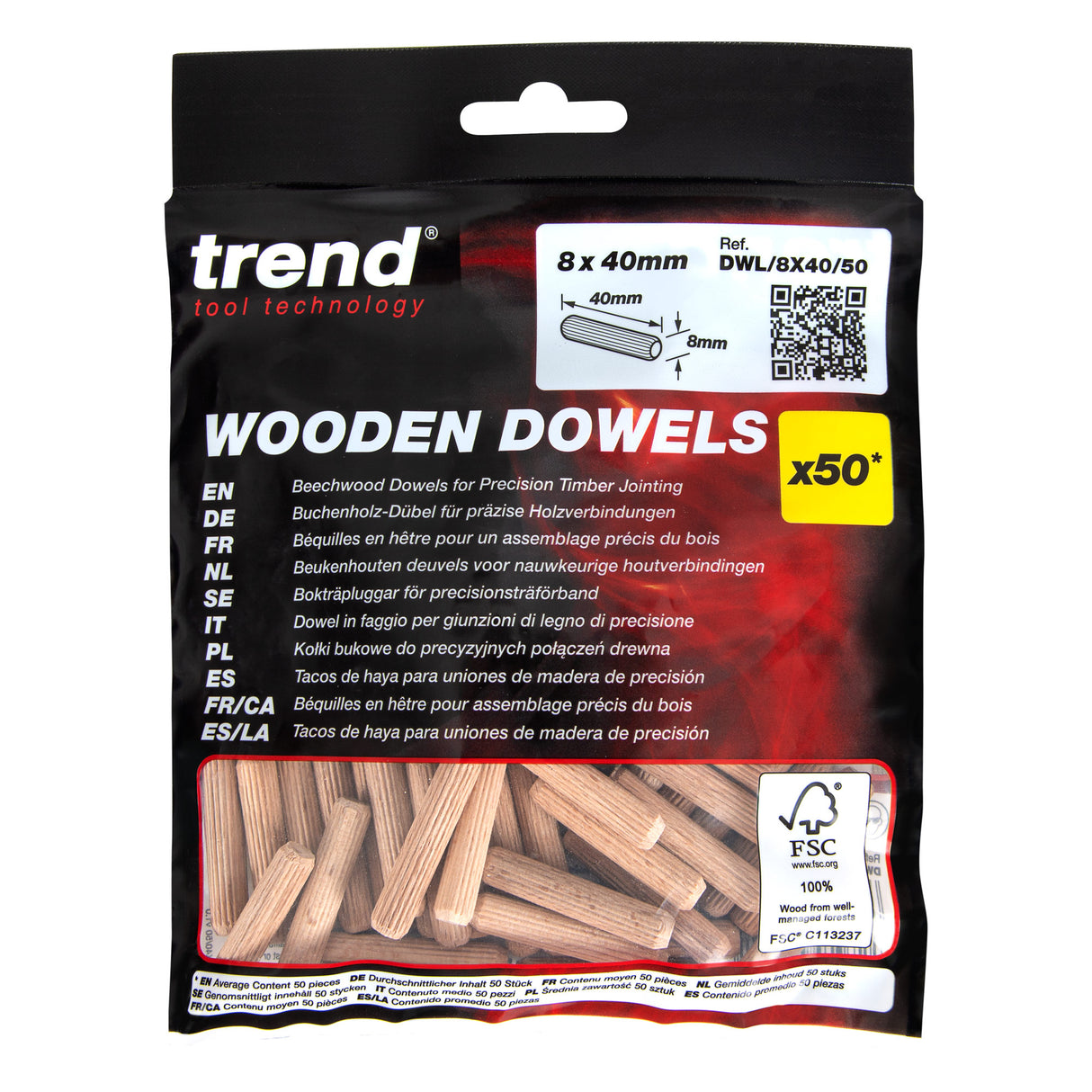 Trend 8 x 40mm Wooden Dowels